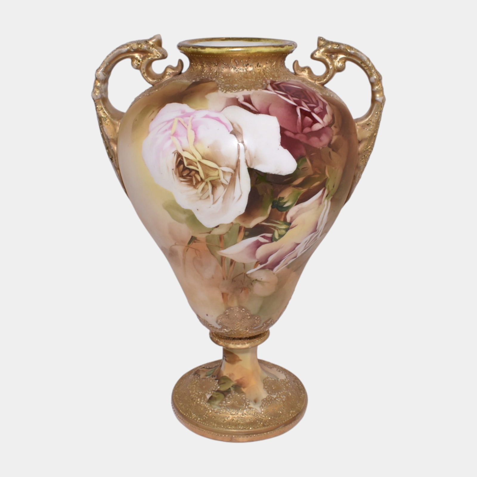 Nippon Japanese Porcelain Hand Painted Texas Rose Gold Gilt Handled Vase (1 of 3)