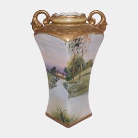 Morimura Brothers Japanese Hand Painted Scenic Landscape Gold Gilt Vase