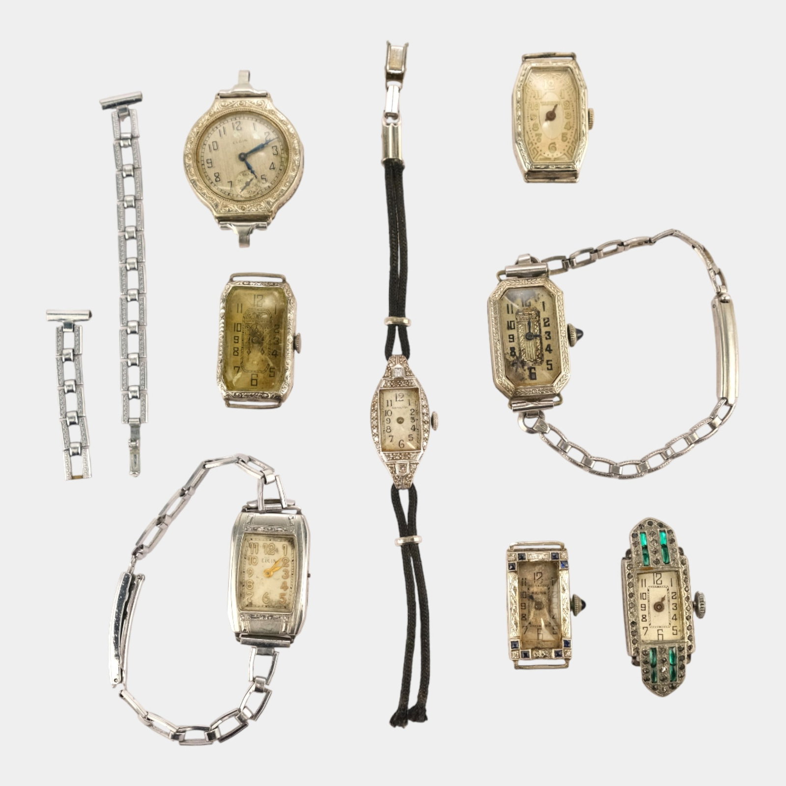 Hamilton, Bulova, And Elgin 1930s Silver Tone Case Ladies Art Deco Wristwatches (1 of 2)