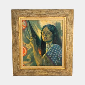 Shannon Sternweis 20thC "In The Warmth Of A Tipi" Oil On Board Painting