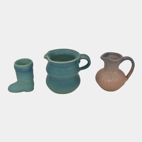 Van Briggle Vintage Art Pottery Two Ceramic Pitchers And A Boot Vase
