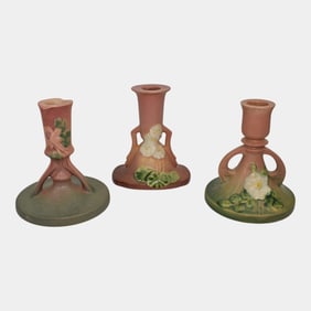 Roseville White Rose Columbine Primrose Candle Holders