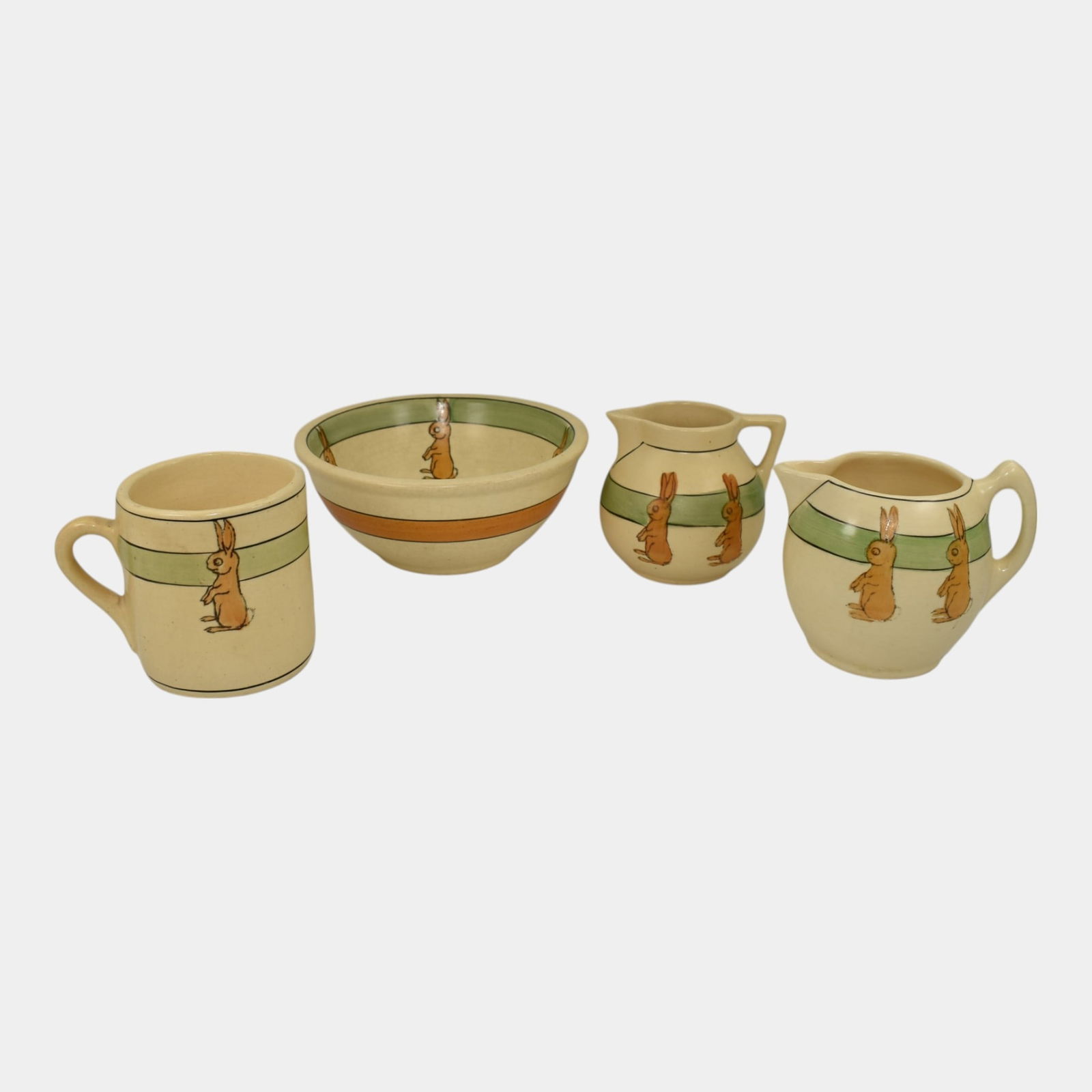 Roseville Juvenile Creamware Rabbits Bowl Creamers Mug: We offer in house shipping on all items. Plus spend $500 on winning bids and your shipping is free. Roseville Juvenile Creamware Rabbits Bowl Creamers Mug Age related wear.Bottoms marked with shape nu