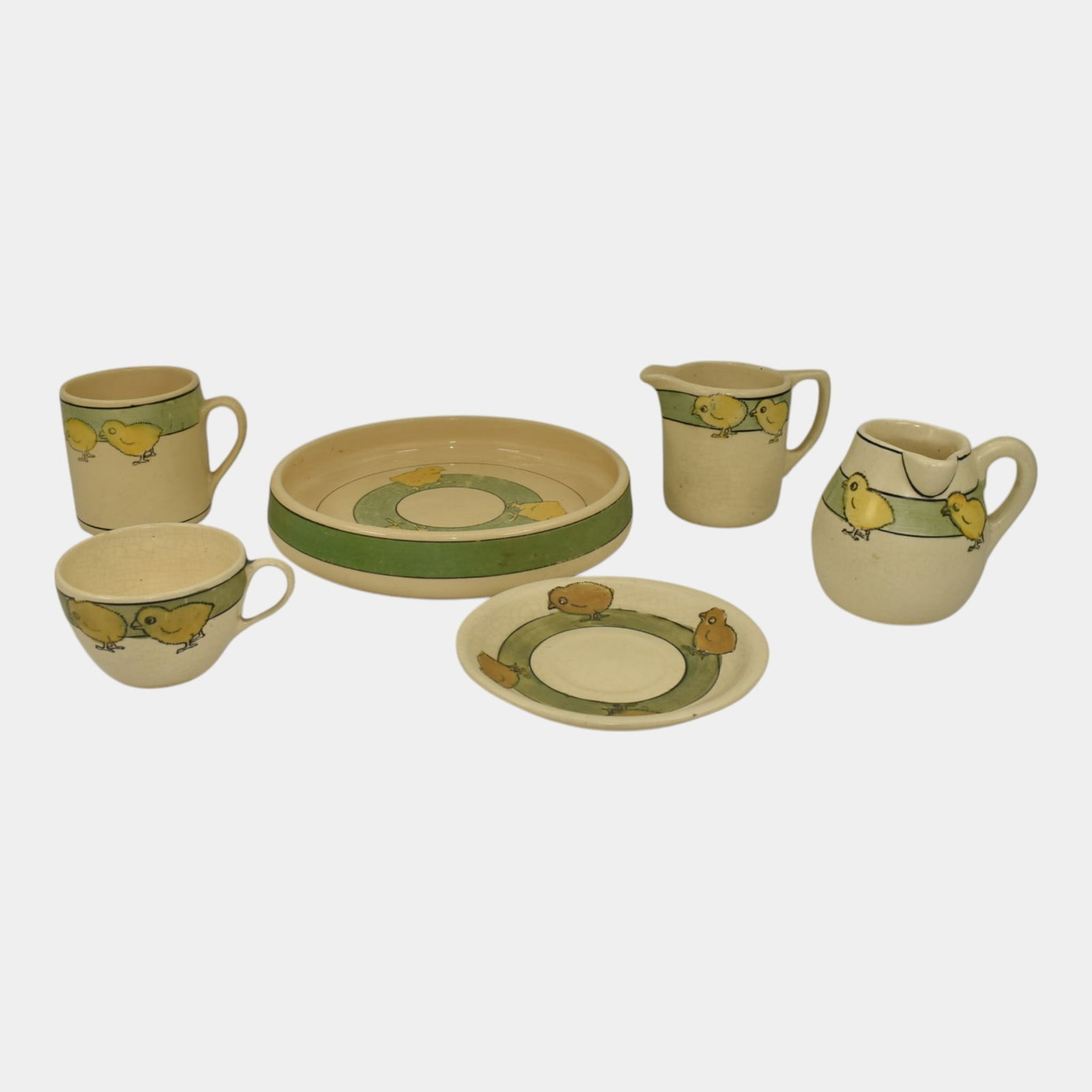 Roseville Juvenile Creamware Chicks Plate Cups Saucer Creamers: We offer in house shipping on all items. Plus spend $500 on winning bids and your shipping is free. Roseville Juvenile Creamware Chicks Plate Cups Saucer Creamers Age related wear.Bottoms marked with