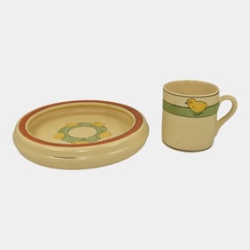 Roseville Juvenile Creamware 1910 Pottery Yellow Chick Cup And Rolled Edge Plate
