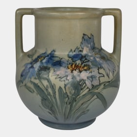 Weller Hudson 1920s Vintage Art Pottery Blue Hand Painted Ceramic Vase
