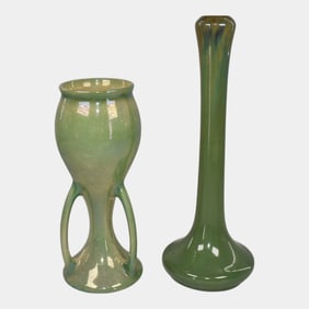Fulper Weller Lustre Vintage Art Pottery Green Vases