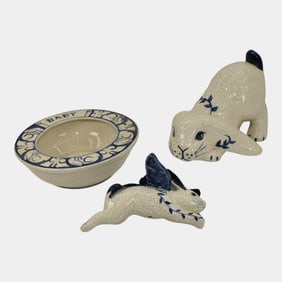 Dedham Pottery Two Rabbits Figurines and Baby Bowl