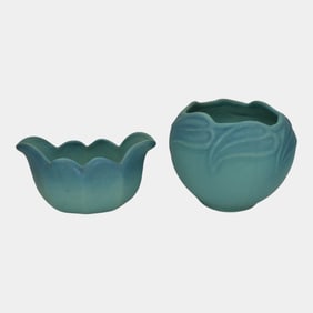 Van Briggle 1940s Vintage Art Pottery Two Blue Vase Bowl