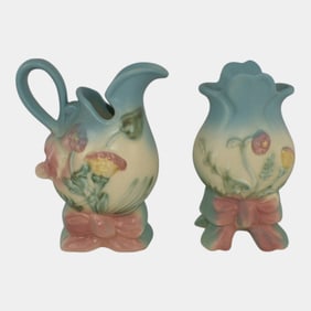 Hull Bow Knot Vintage Art Pottery Blue Ceramic Pitcher Vase