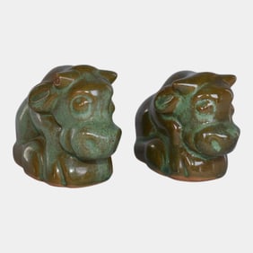 Frankoma 1940s Vintage Pottery Green Brown Bull Figurines