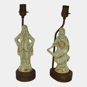 Vintage Morton Mould NY Art Pottery Green Figural Lamps