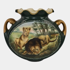 Vintage Art Pottery Green Gold Ceramic Lion Panel Vase