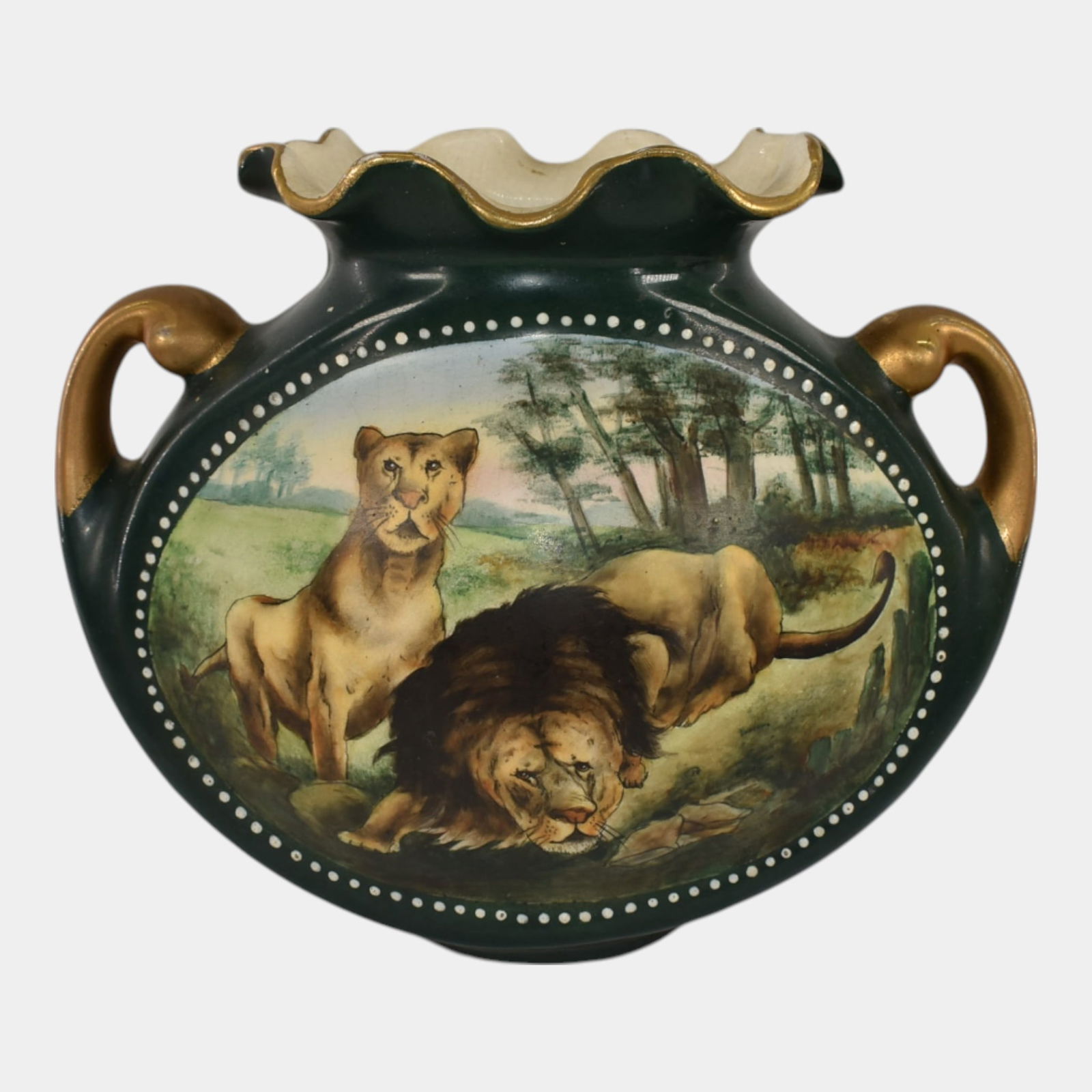 Vintage Art Pottery Green Gold Ceramic Lion Panel Vase: We offer in house shipping on all items. Plus spend $500 on winning bids and your shipping is free. Vintage Art Pottery Green Gold Ceramic Lion Panel Vase Excellent condition. Minor signs of use.Vase