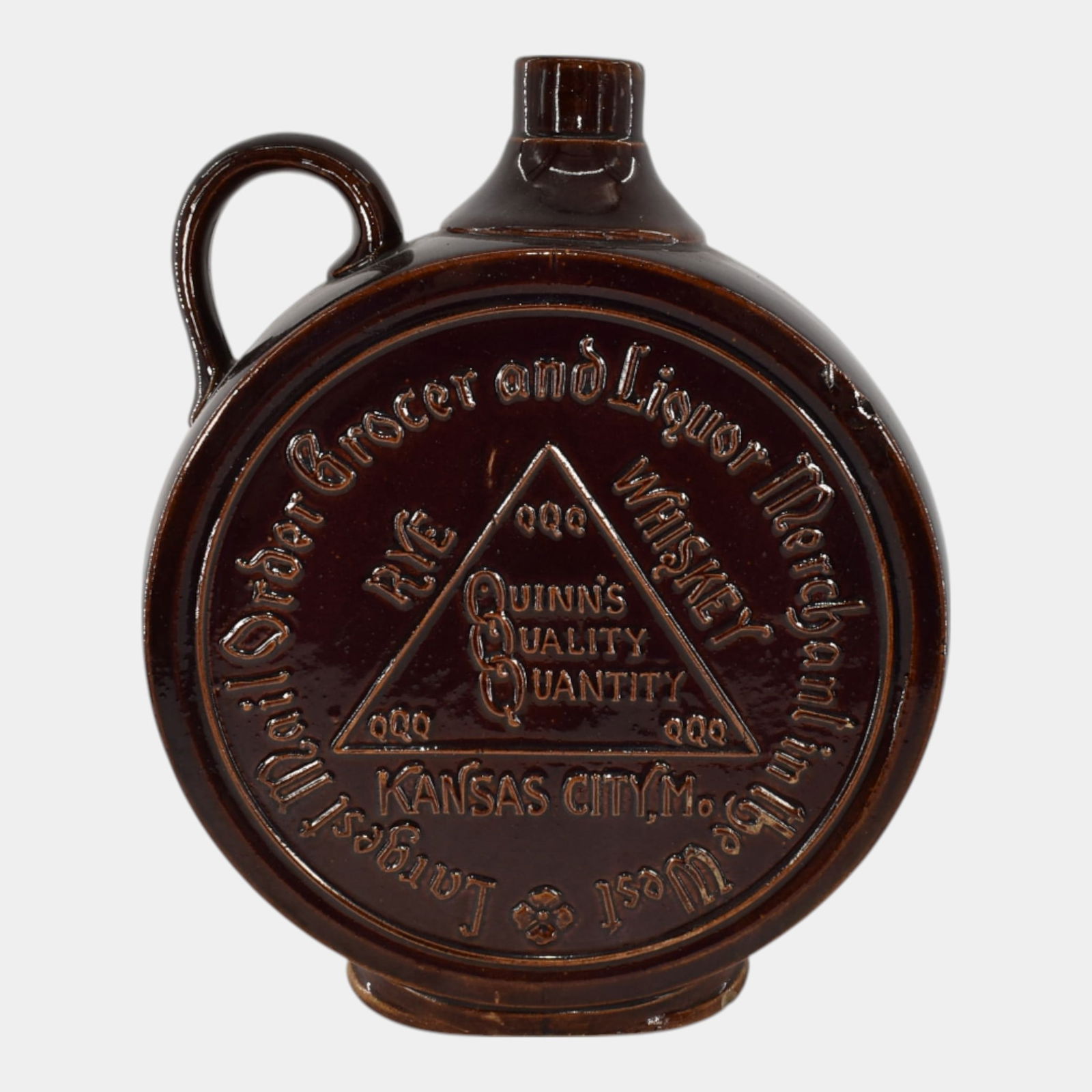 Quinn's Rye Whiskey Vintage Art Pottery Stoneware Advertising Jug: We offer in house shipping on all items. Plus spend $500 on winning bids and your shipping is free. Quinn's Rye Whiskey Vintage Art Pottery Stoneware Advertising Jug Richly glazed in a deep brown circ