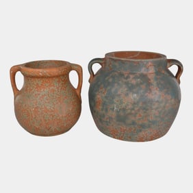 Burley Winter 1930s Vintage Pottery Orange Green Vases