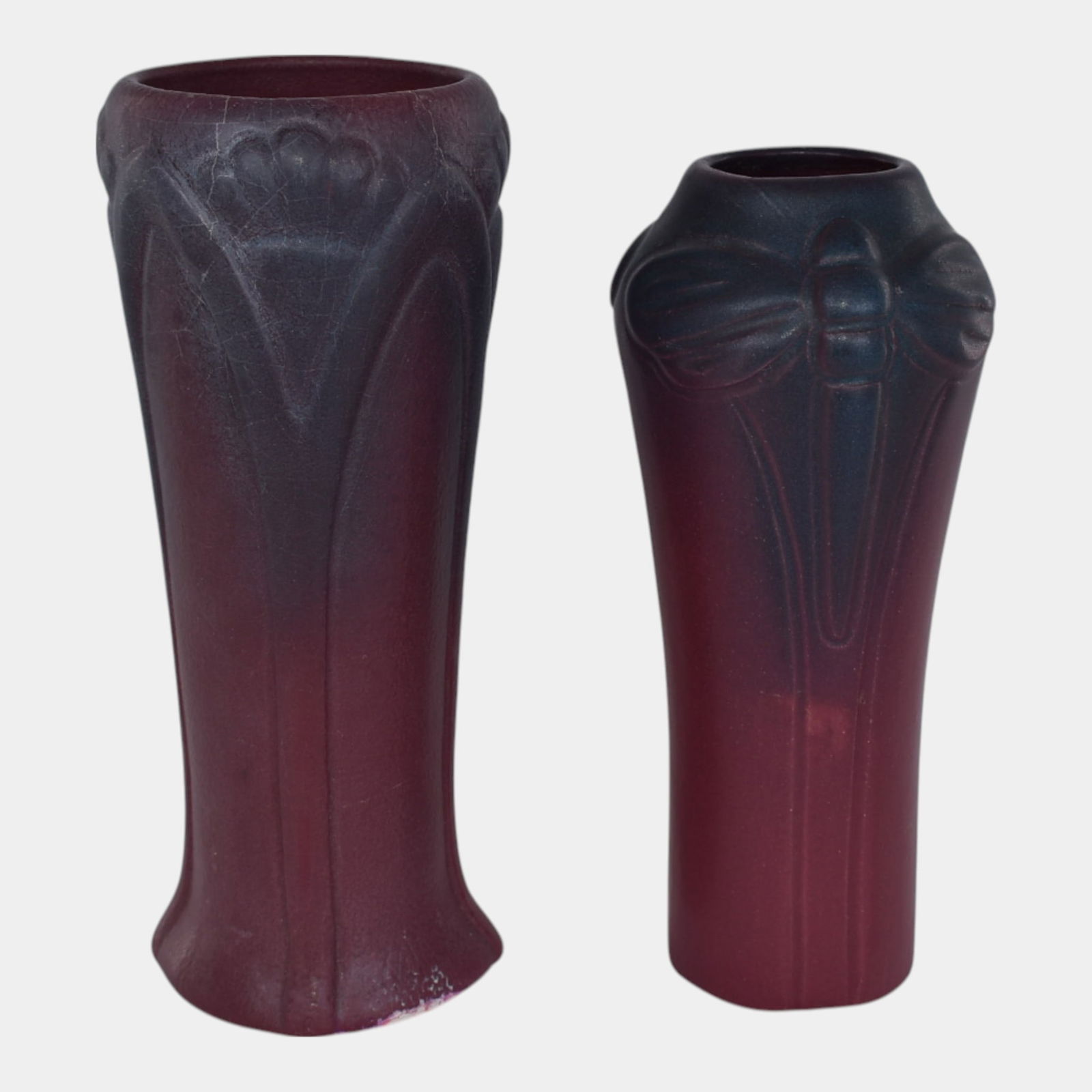 Van Briggle Late Teens USA Art Pottery Purple Flower Vases: We offer in house shipping on all items. Plus spend $500 on winning bids and your shipping is free. Van Briggle Late Teens USA Art Pottery Purple Flower Vases Nice arts and crafts form with a nice gla