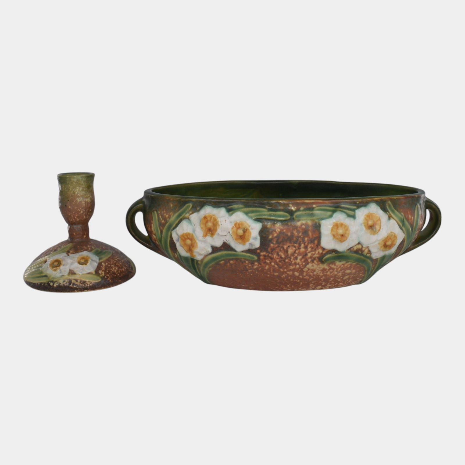 Roseville Jonquil 1931 Art Pottery Bowl Candle Holder: We offer in house shipping on all items. Plus spend $500 on winning bids and your shipping is free. Roseville Jonquil 1931 Art Pottery Bowl Candle Holder Excellent condition with tight hairline to rim