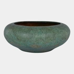 LLB Signed Vintage Art Pottery Matte Green Bowl