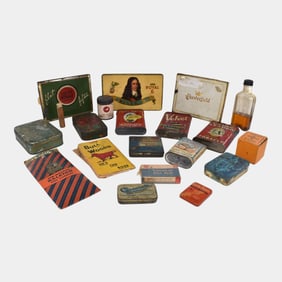 Vintage Assortment Of Cigarette Cigar And Medicine Tins And Bottle