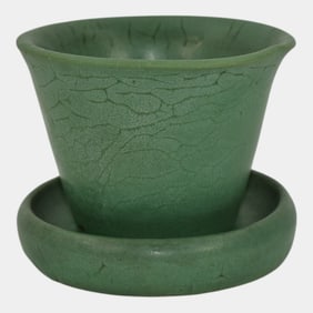 Vintage Arts And Crafts Pottery Matte Green Flower Pot Saucer