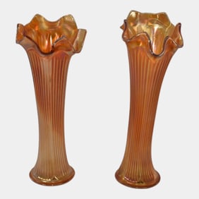 Carnival Glass Marigold Iridescent Glass Trunk Vases
