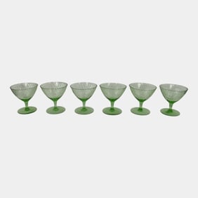 Uranium Green Depression Glass Sherbet Cups Set Of 6