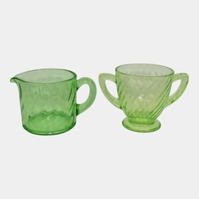Uranium Green Depression Glass Creamer And Sugar