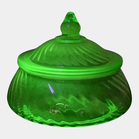 Uranium Green Depression Glass Covered Candy Dish