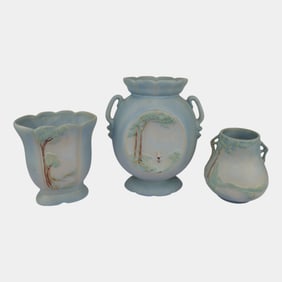Weller Scenic Vintage Art Pottery Blue Ceramic Vases