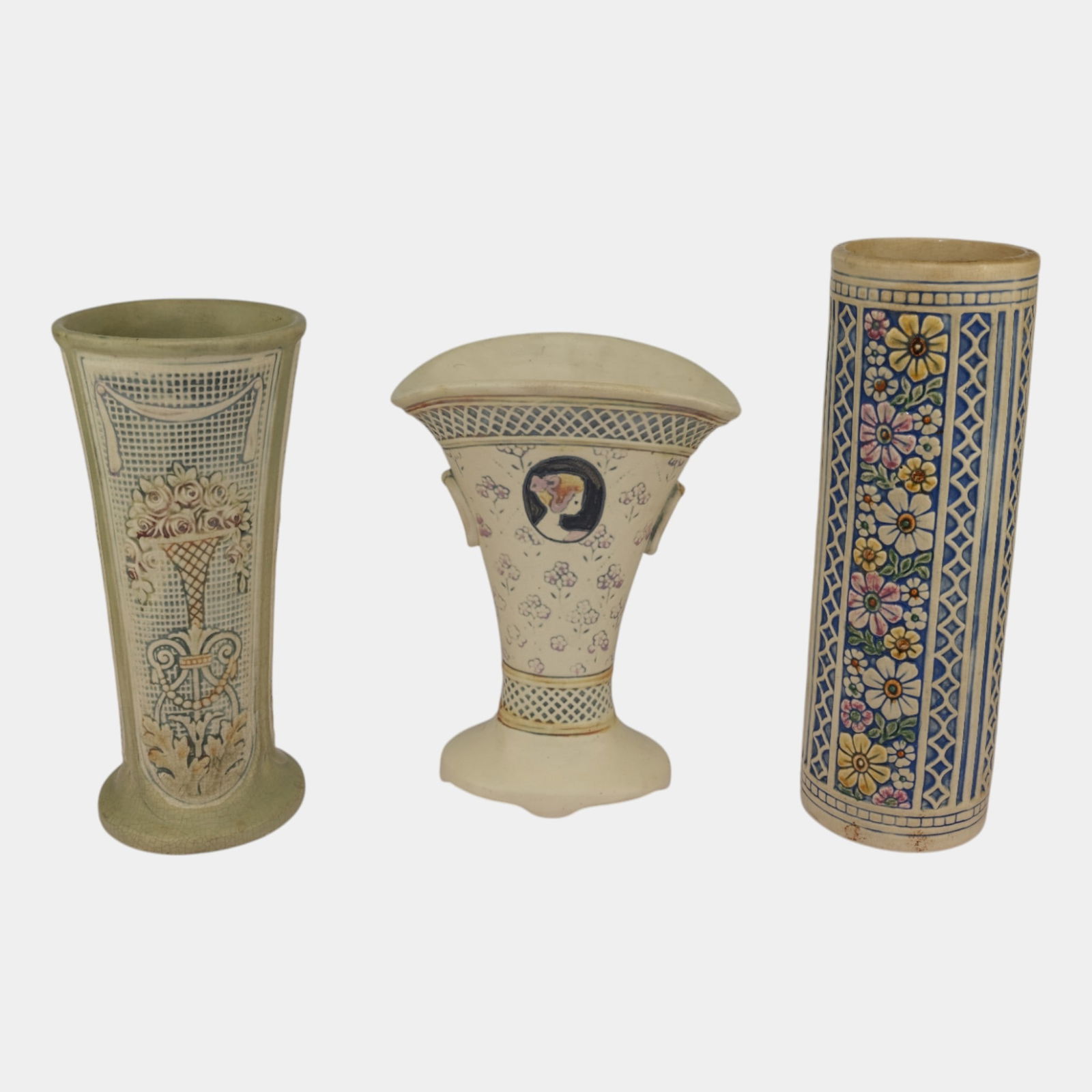 Weller DuPont Florala Ethel Art Pottery Ceramic Vases: We offer in house shipping on all items. Plus spend $500 on winning bids and your shipping is free. Weller DuPont Florala Ethel Art Pottery Ceramic Vases Excellent condition. One vase has small nick t