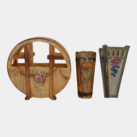 Weller Wood Rose Vintage Art Pottery Ceramic Circle Basket And Wall Pockets