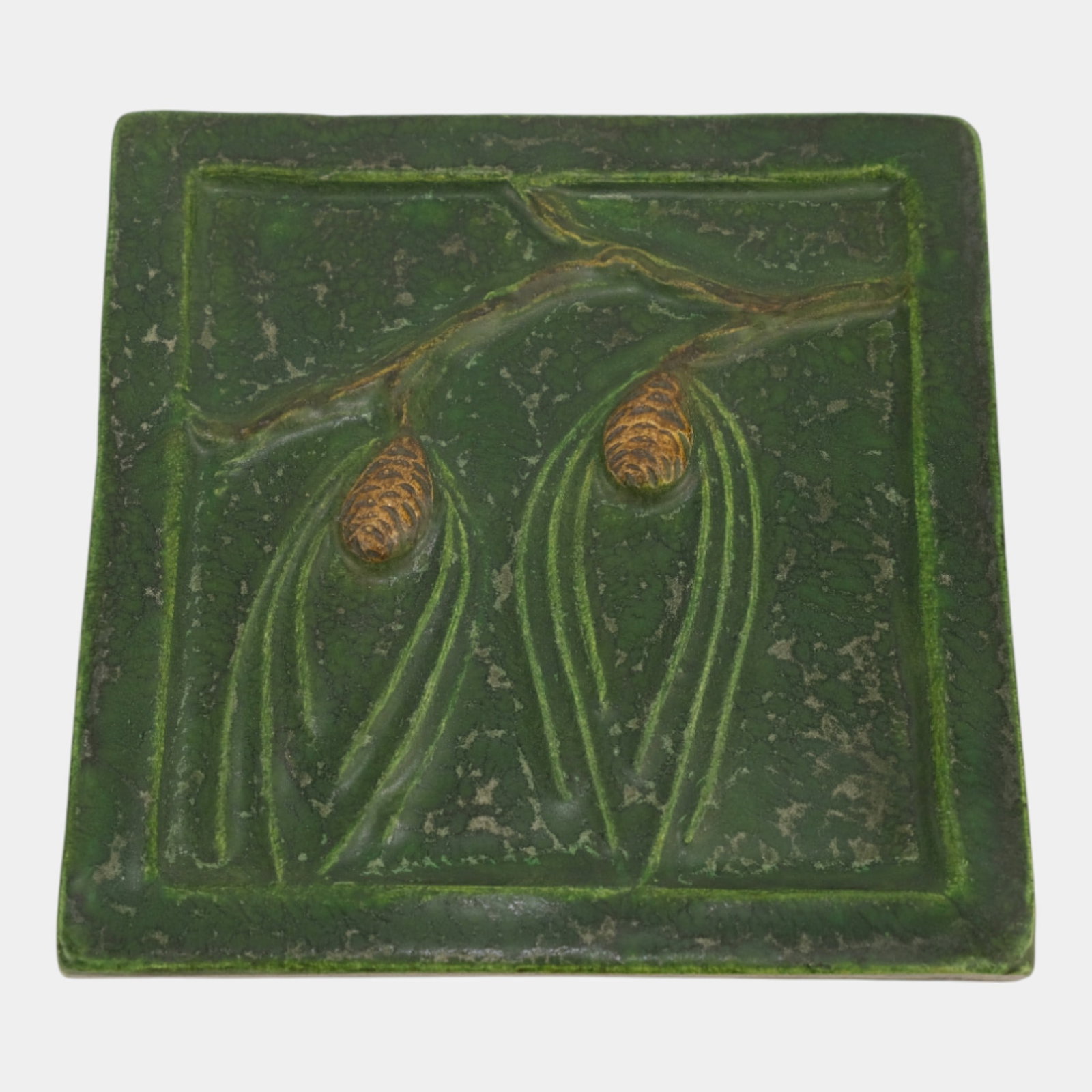 Ephraim Faience 1999 Arts And Crafts Green Northwoods Pinecone Art Pottery Tile (1 of 2)