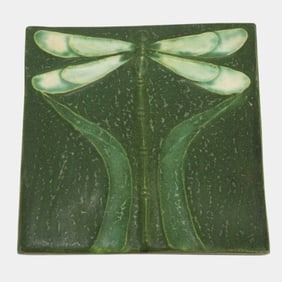 Ephraim Faience 2001 Arts And Crafts Matte Green Dragonfly Art Pottery Tile