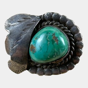 Vintage Natural Turquoise Cabochon Hand Tooled Sterling Silver Ring Size 5