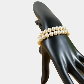 Double Stranded Natural Pearl 1950's Bracelet 7" Length Gold Tone Clasp