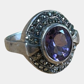 Vintage Art Deco Oval Cut Amethyst And Marcasite Sterling Silver Ring Size 7