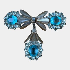 Vintage Early 20th Century Sterling Silver Blue Rhinestone Bow Brooch