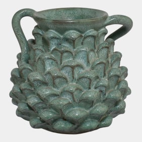 American Studio Art Pottery Mottled Matte Green Layered Scale Body Handled Vase