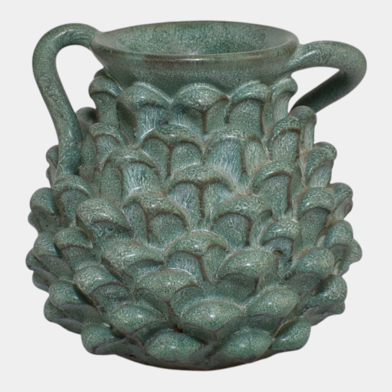 American Studio Art Pottery Mottled Matte Green Layered Scale Body Handled Vase (1 of 3)