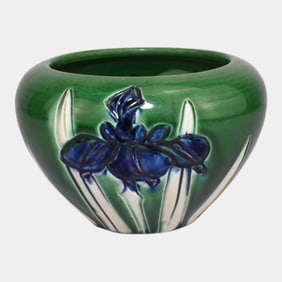 Awaji Japanese Vintage Arts and Crafts Pottery Green Iris Vase
