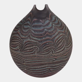 Bill Poceta Detroit Hand Blown Studio Art Glass Vase Black Blue Red Wave Design