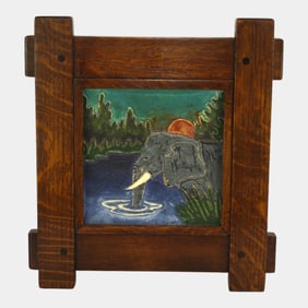 Ephraim Faience 2002 Art Pottery Elephant Drinking From Pond Tile One Of A Kind