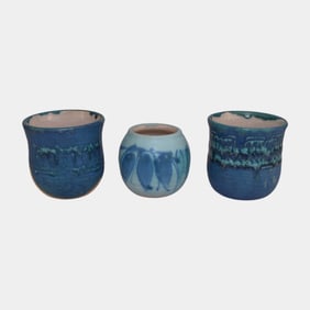 JT Abernathy Studio Pottery Blue Leaf And Abstract MCM Pottery Vases