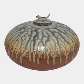 Justin Teilhet Studio Art Pottery Brown Ash Drip Glaze Large Lidded Jar