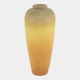 Justin Teilhet Studio Art Pottery Tall Green Orange Ash Glaze Slender Vase