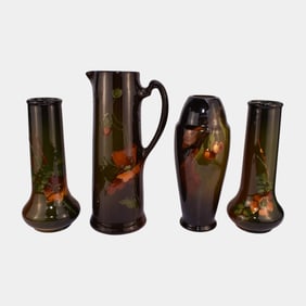 Owens Pottery Standard Glaze Hand Painted Floral Tall Pitcher & Vases