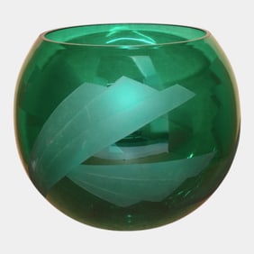 Steve Resnick Green Art Glass Etched Geometric Design Bowl Vase #2 9/93