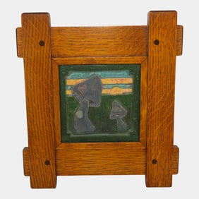 Ephraim Faience 2003 Art Pottery Green Framed Mushrooms Tile One Of A Kind