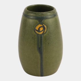 Ephraim Faience 2020 Art Pottery Green Orange Revival Rose Miniature Vase